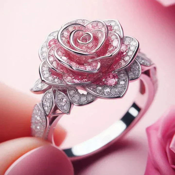 Anillo exótico de plata con flores rosas