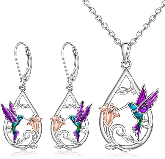 Espléndido collar con colibrí para mujer, con pendientes a juego