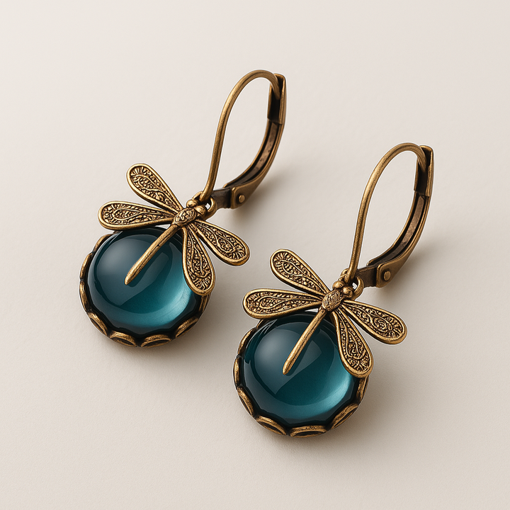 Pendientes esféricos de oro antiguo con diseño de libélula
