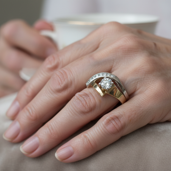 Anillos vintage de oro y plata con formas irregulares y circonita cúbica