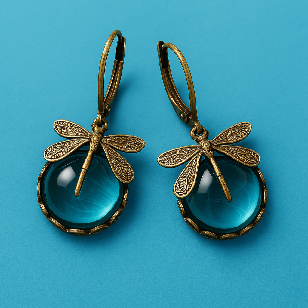 Pendientes esféricos de oro antiguo con diseño de libélula