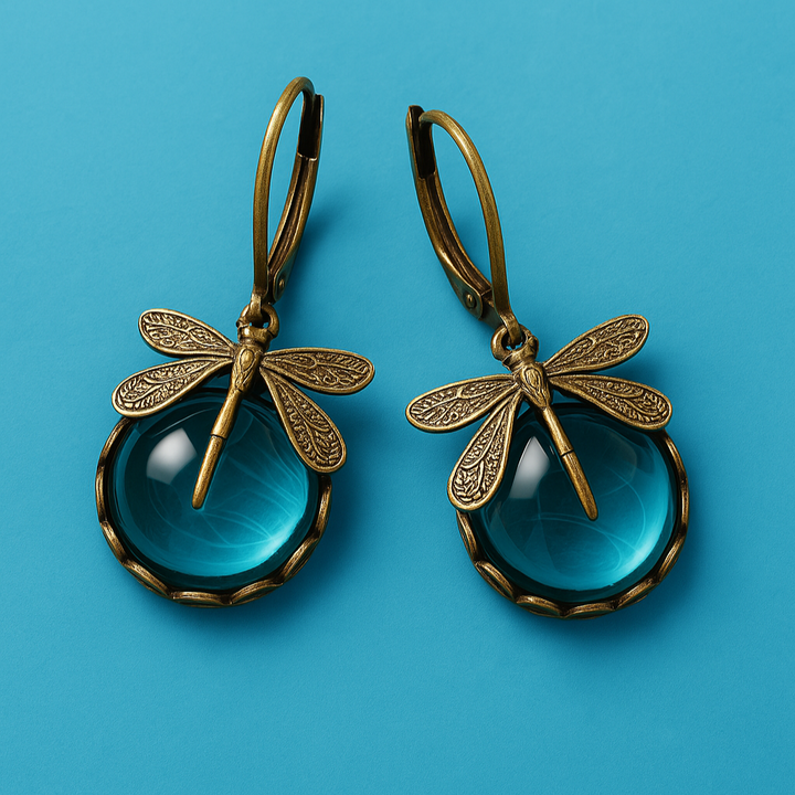 Pendientes esféricos de oro antiguo con diseño de libélula