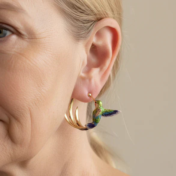 Pendientes vintage de plata con esmalte colibrí