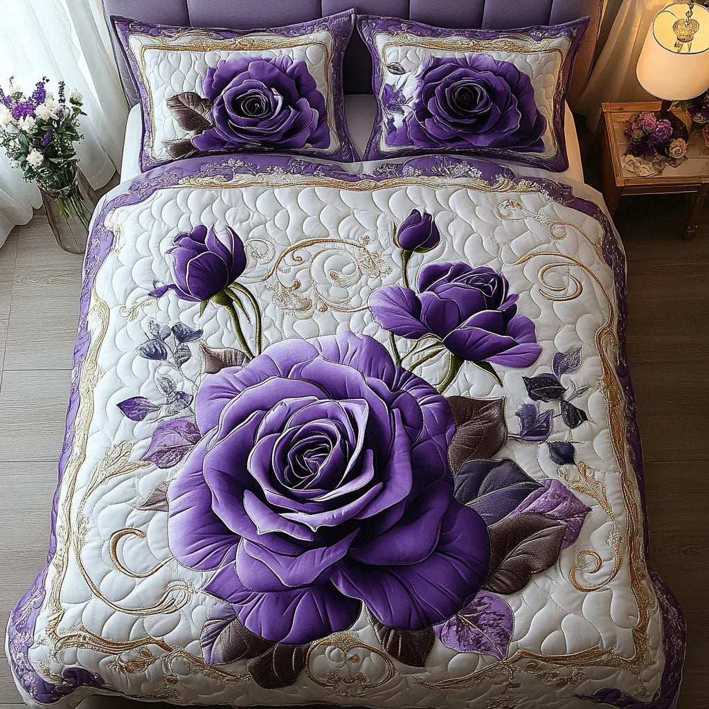 Juego de ropa de cama acolchada de 3 piezas - Violeta Rosa