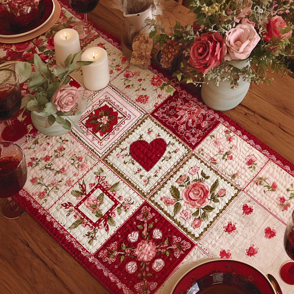 Camino de mesa acolchado - Corazones y Rosas