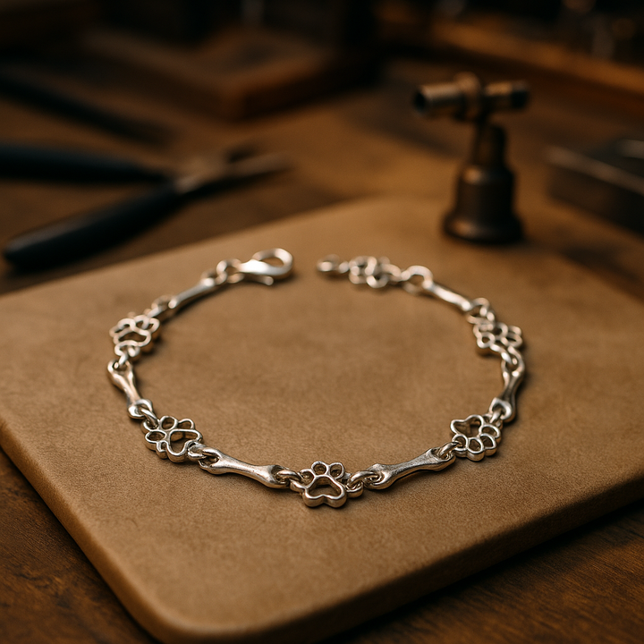 Pulsera edición limitada con colgantes de plata maciza en forma de pata de perro y hueso