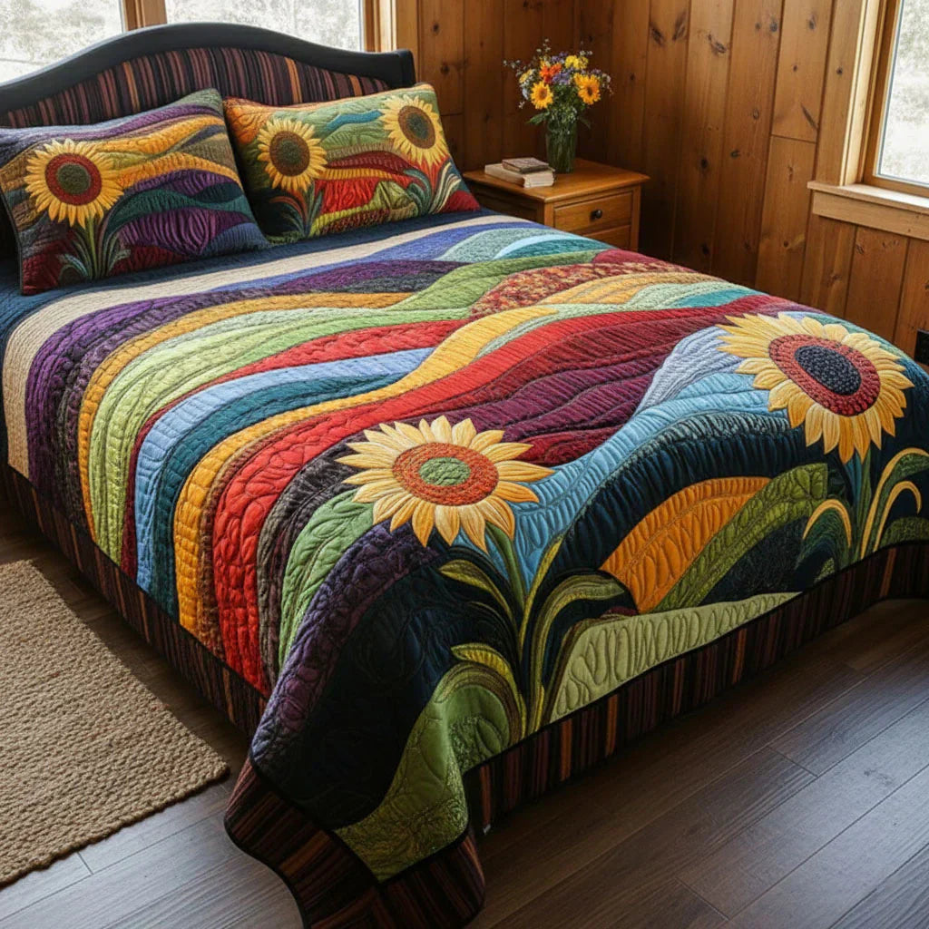 Juego de ropa de cama acolchada de 3 piezas - Campo de Girasoles