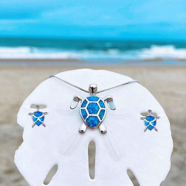 Set de collar y pendientes tortuga marina en ópalo y plata - Collar colibrí con pendientes a juego
