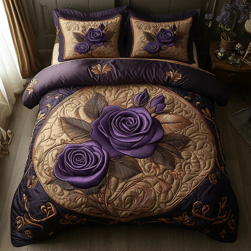 Juego de ropa de cama acolchada de 3 piezas - Violeta Rosa