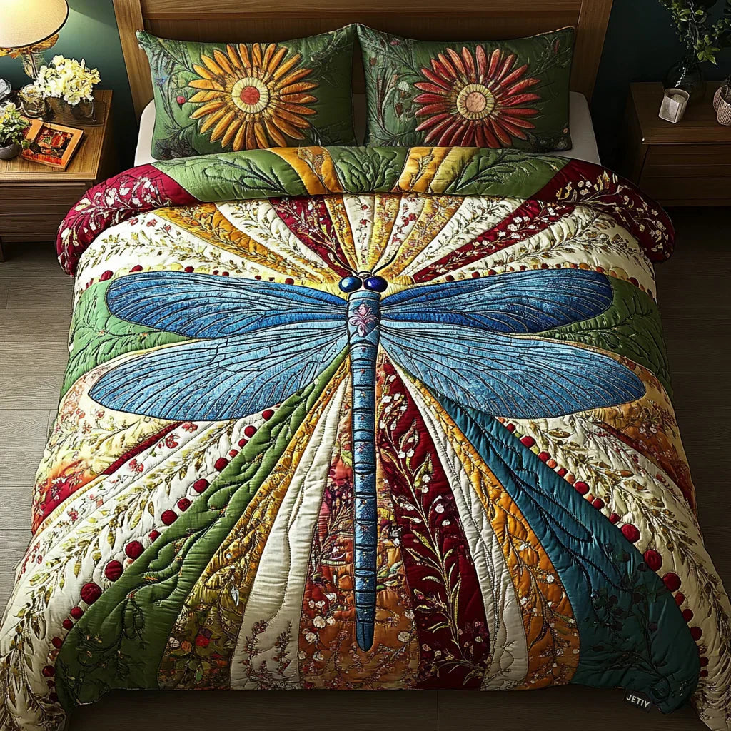 Juego de ropa de cama acolchada de 3 piezas - Libélula Dorada