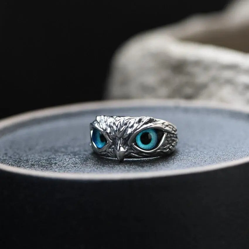 Anillo de plata ajustable con búho de la suerte y ópalo