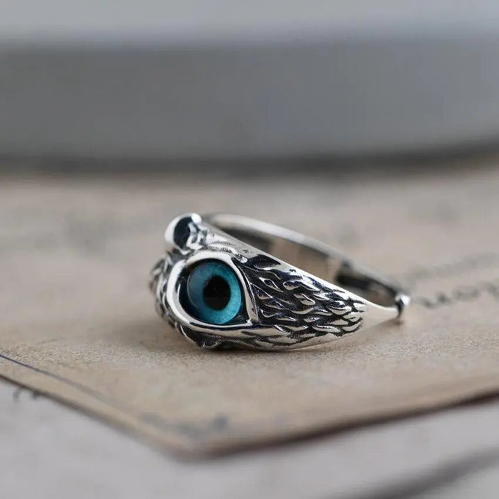 Anillo de plata ajustable con búho de la suerte y ópalo