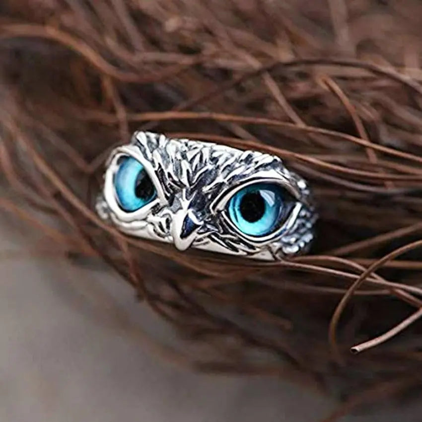Anillo de plata ajustable con búho de la suerte y ópalo