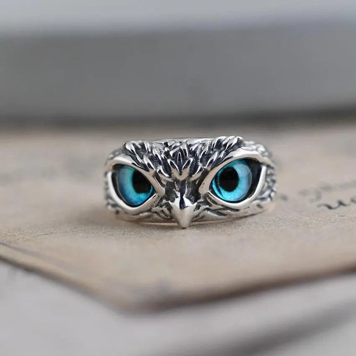 Anillo de plata ajustable con búho de la suerte y ópalo