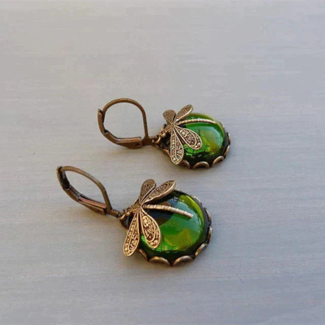 Pendientes esféricos de oro antiguo con diseño de libélula