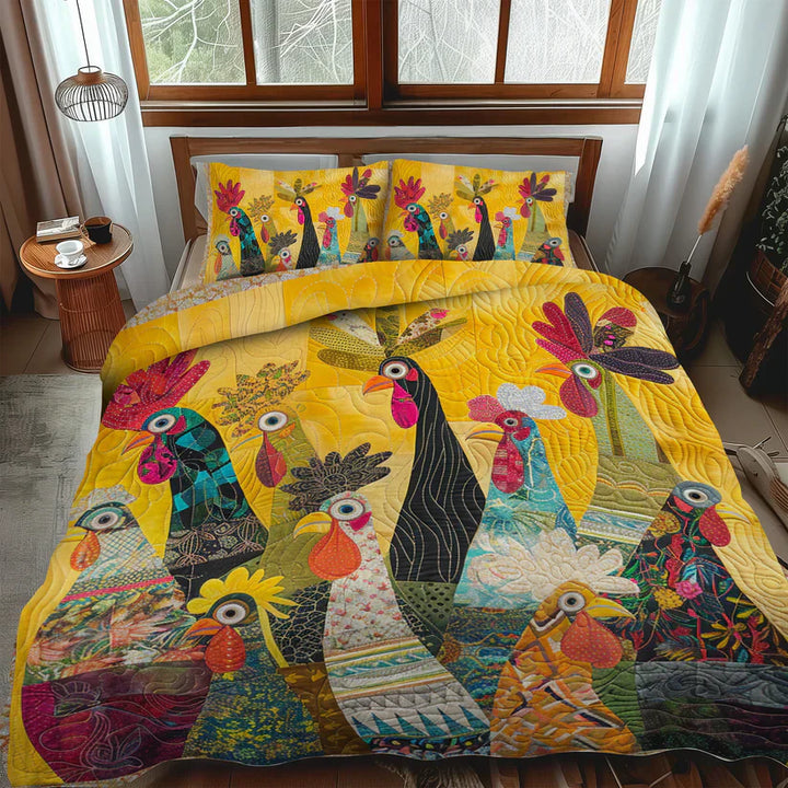 Juego de ropa de cama acolchada de 3 piezas - Gallos del Amanecer