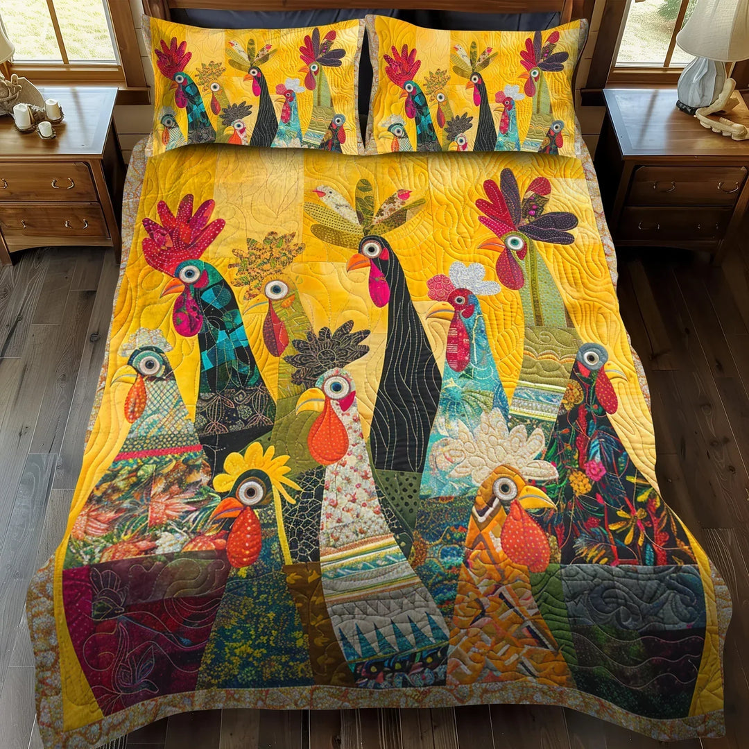 Juego de ropa de cama acolchada de 3 piezas - Gallos del Amanecer