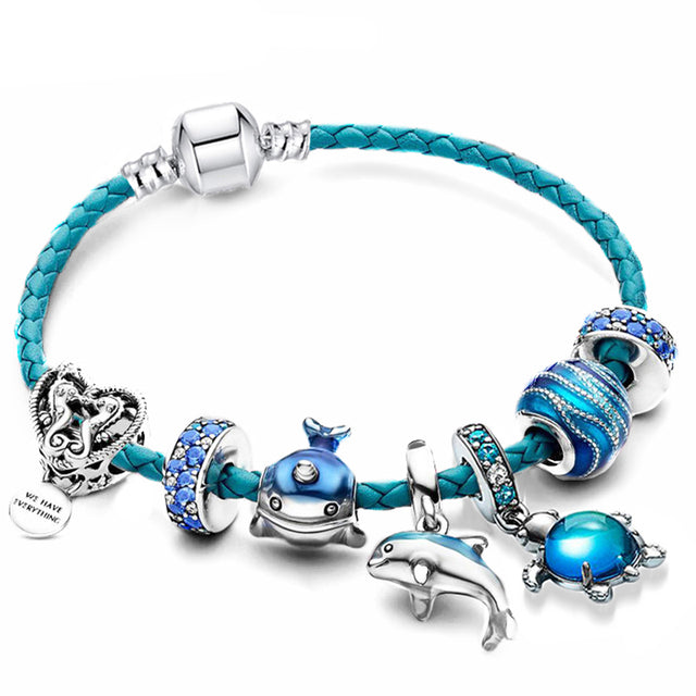 Pulsera océano con colgantes de cuero y plata incluidos