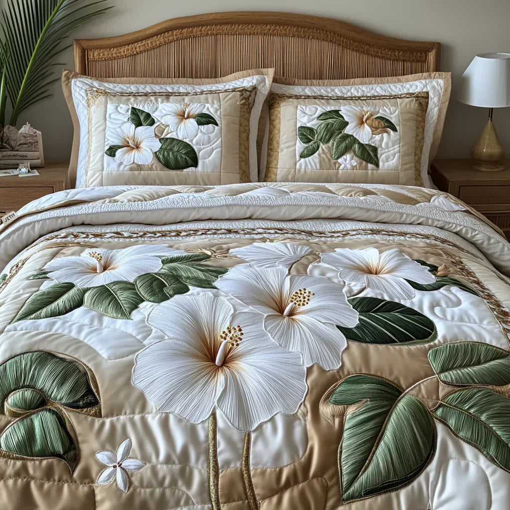 Juego de ropa de cama acolchada de 3 piezas - Hibisco Blanco