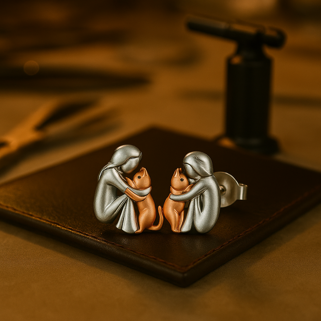 Pendientes bicolor plata y oro en forma de gato que abraza