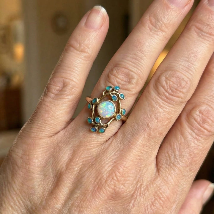Anillo vintage azul con cristales y ópalo