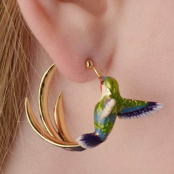 Pendientes vintage de plata con esmalte colibrí