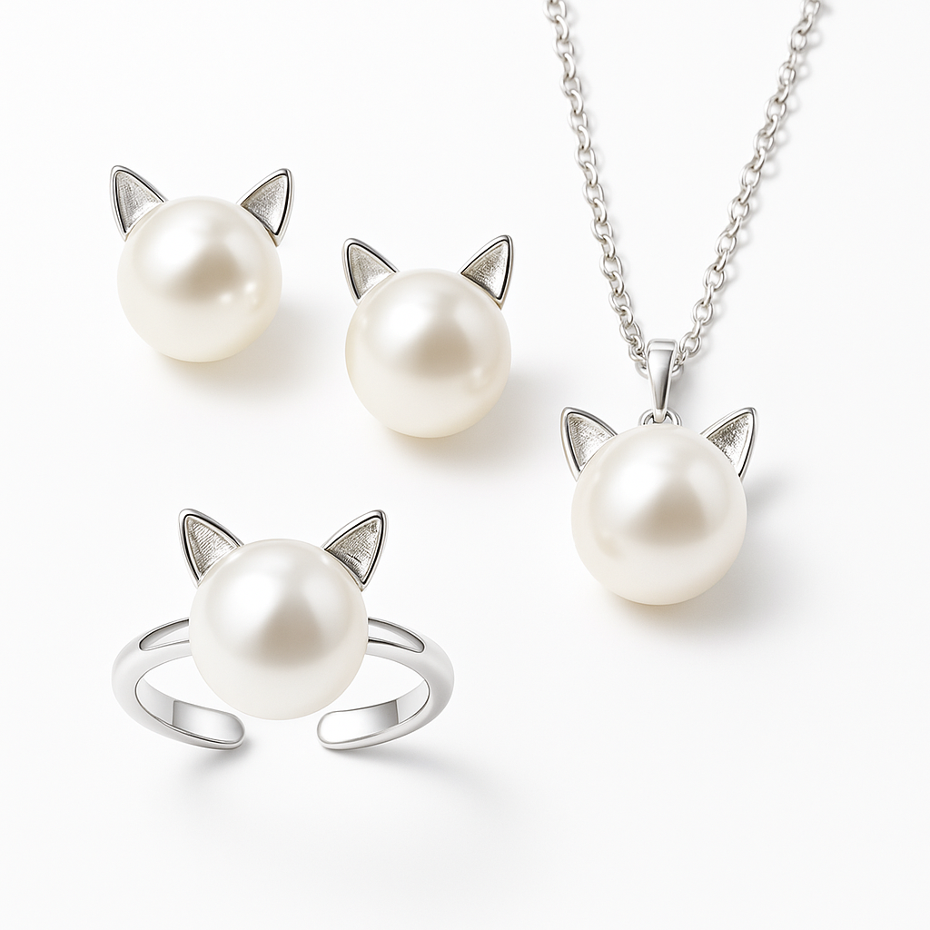 Espléndido set de collar con perla ojo de gato, con pendientes y anillo a juego