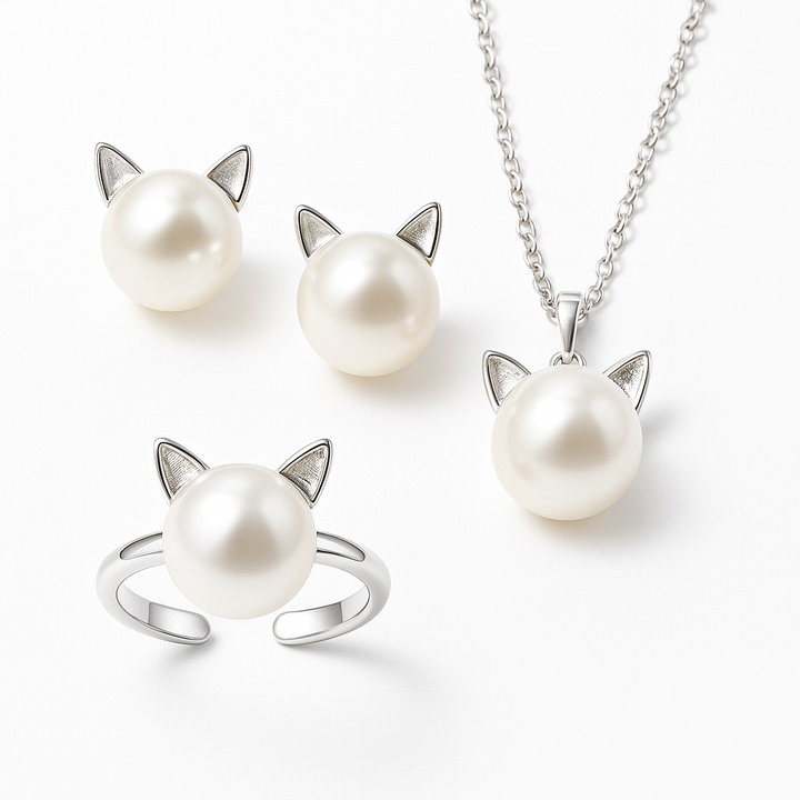 Espléndido set de collar con perla ojo de gato, con pendientes y anillo a juego