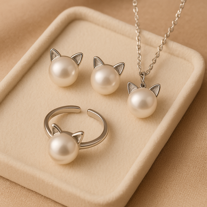 Espléndido set de collar con perla ojo de gato, con pendientes y anillo a juego