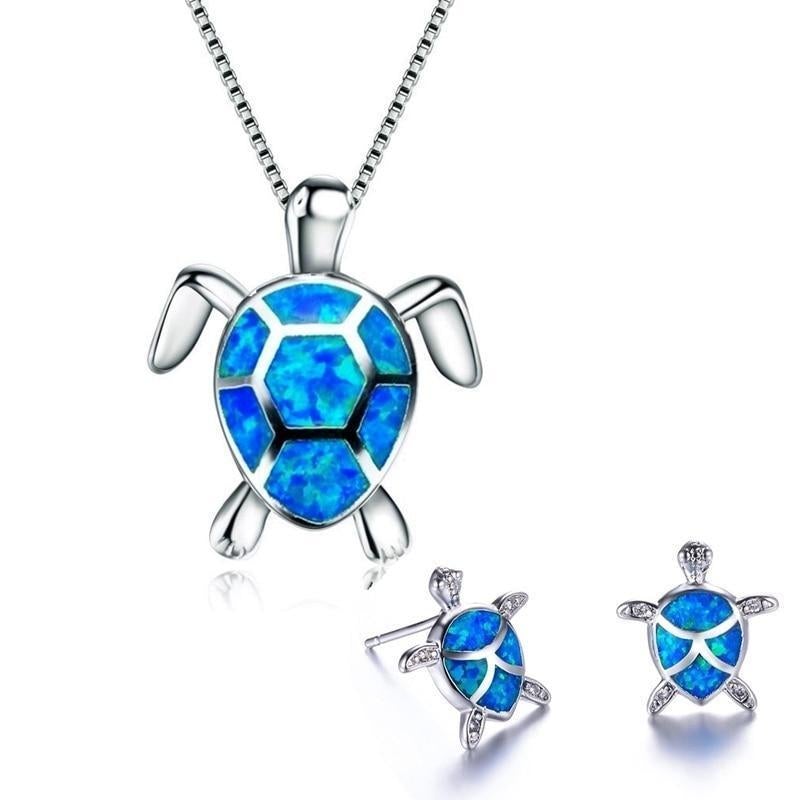 Set de collar y pendientes tortuga marina en ópalo y plata - Collar colibrí con pendientes a juego