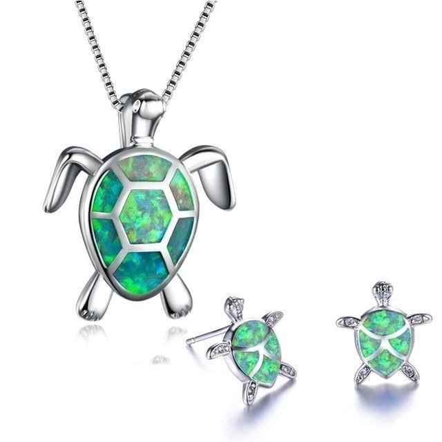 Set de collar y pendientes tortuga marina en ópalo y plata - Collar colibrí con pendientes a juego
