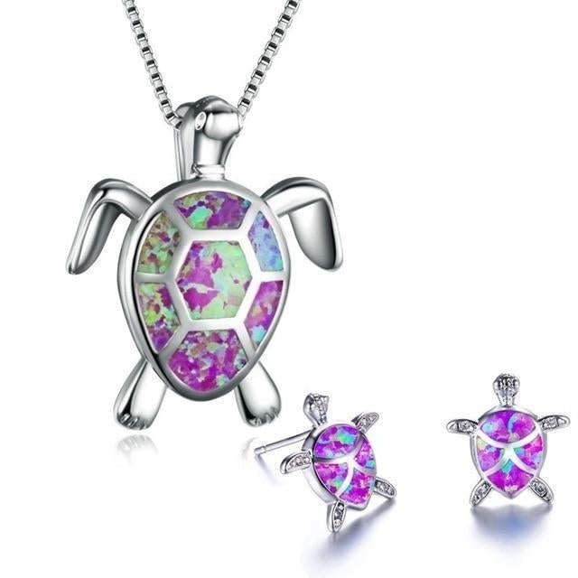 Set de collar y pendientes tortuga marina en ópalo y plata - Collar colibrí con pendientes a juego