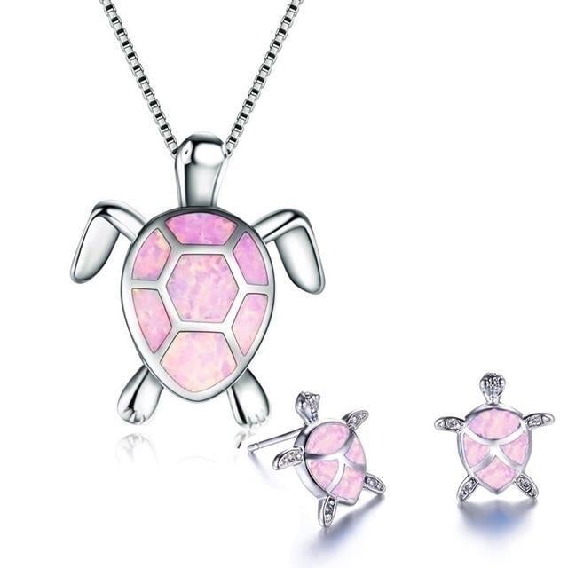 Set de collar y pendientes tortuga marina en ópalo y plata - Collar colibrí con pendientes a juego
