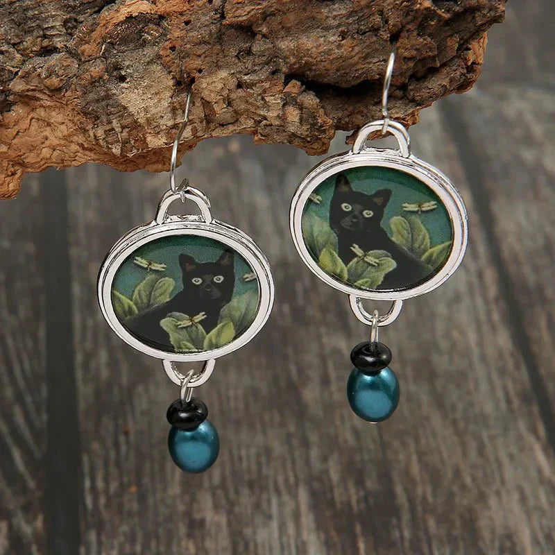 Pendientes colgantes vintage en forma de gato negro estilo tropical