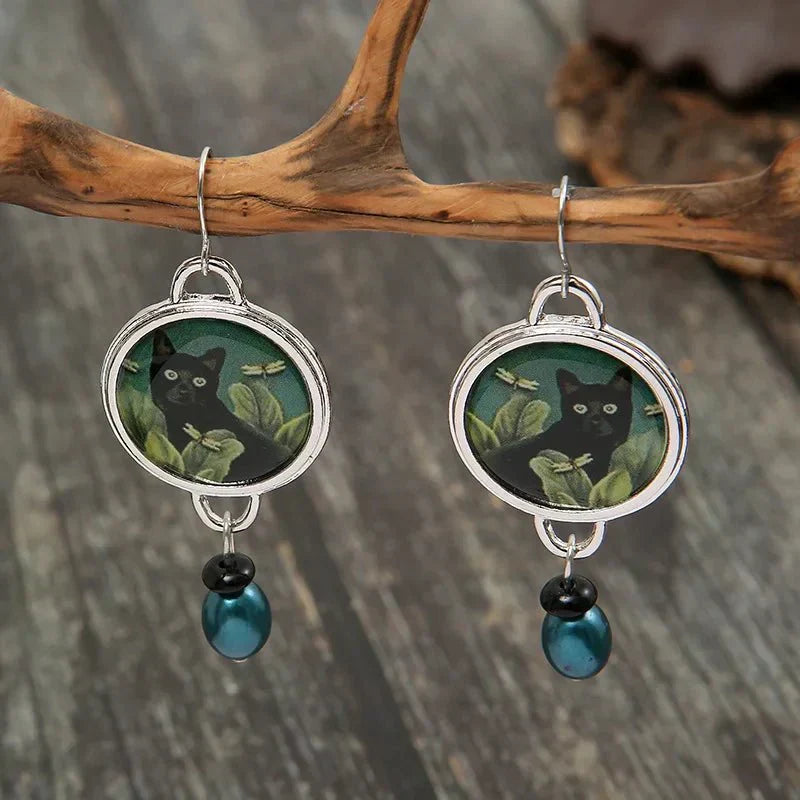 Pendientes colgantes vintage en forma de gato negro estilo tropical