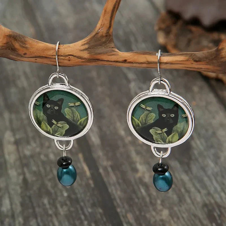 Pendientes colgantes vintage en forma de gato negro estilo tropical