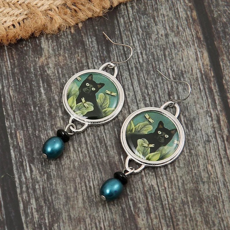 Pendientes colgantes vintage en forma de gato negro estilo tropical