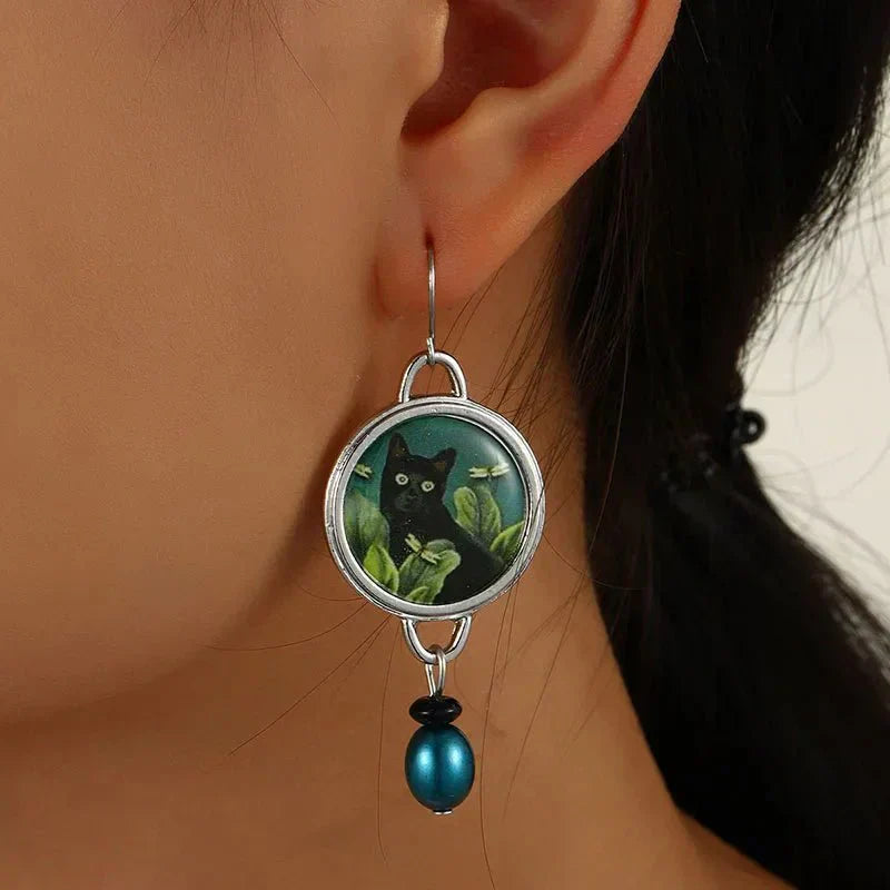 Pendientes colgantes vintage en forma de gato negro estilo tropical