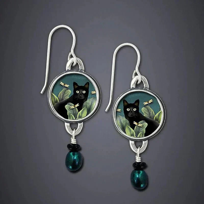 Pendientes colgantes vintage en forma de gato negro estilo tropical