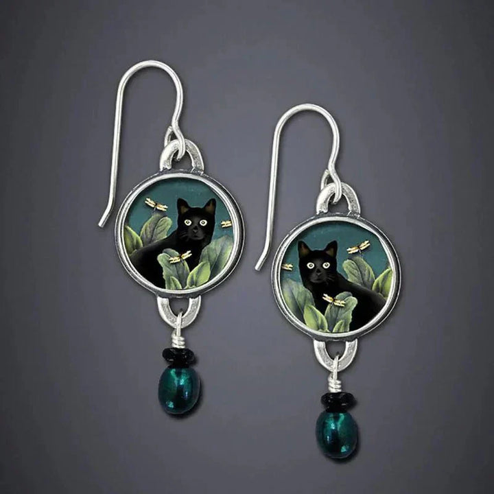 Pendientes colgantes vintage en forma de gato negro estilo tropical